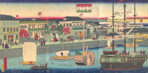 View of the Seafront in Yokohama (Yokohama Kagandori no fukei), 5th month, 1870.