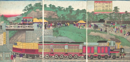 Illustration of a Steam Locomotive Running on the Takanawa Railroad in Tokyo (Tokyo takanawa tetsudo jokisha soko no zu), ca. 1873.