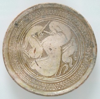 Bowl with Three Animals, Byzantine, 1100-1300. long-eared rabbit with a large panther and a deer.