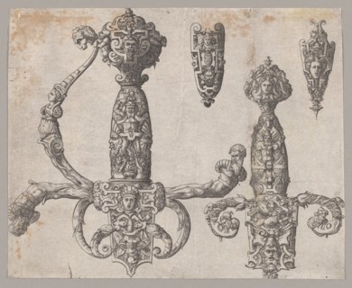 Sheet with Four Designs for Relief Decorations on Arms: Two Large Hilts for a Sword and a Dagger, and the Ornaments for the Tips of the Sheaths, ca. 1550-60.