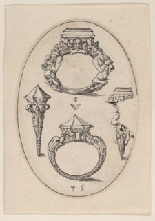Designs for Four Rings, Plate 35 from 'Livre d'Aneaux d'Orfevrerie', 1561.