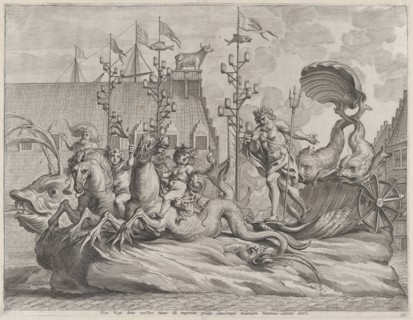 Plate 35: Philip of Spain as Neptune, riding in a chariot drawn by two sea horses; from Guillielmus Becanus's 'Serenissimi Principis Ferdinandi, Hispaniarum Infantis...', 1636.