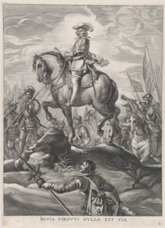 Plate 8: Ferdinand on horseback crossing the Alps; from Guillielmus Becanus's 'Serenissimi Principis Ferdinandi, Hispaniarum Infantis...', 1636.