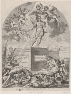 Plate 1: Ferdinand as Mars, standing on a pedestal; from Guillielmus Becanus's 'Serenissimi Principis Ferdinandi, Hispaniarum Infantis...', 1636.