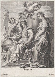 Allegory of Good Government, seated at center and being crowned by a putto and a woman at left, Justice standing atop a hydra at right, ca. 1640-74.