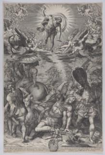The conversion of Saul, who lies on the ground surrounded by horses and soldiers as Christ appears above him, 1583.