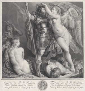 Hero crowned by Victory, who places a laurel wreath on his head, Venus and Cupid at left, Envy at left in the background, Silenus on the ground, under the hero's foot, ca. 1735-61.