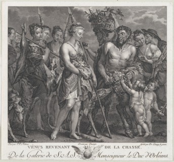 Diana returning from the chase, accompanied by dogs and her nymphs at left, two satyrs at right, ca. 1808.