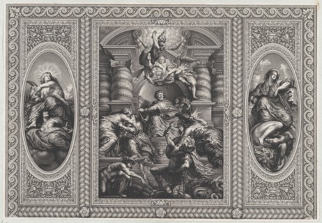 James I appointing Charles as King of Scotland at center, Minerva spearing Ignorance at right, and Hercules beating Envy at left, 1720.