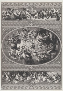 The apotheosis of James I in an oval at center, friezes with putti and garlands on either side, 1720.