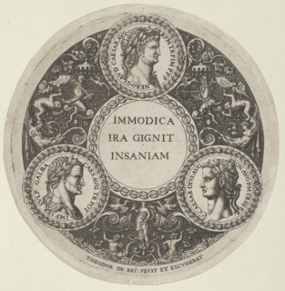 Design for a Dish with Portraits of the Roman Emperors Nero, Galba, and Caligula, ca. ..., ca. 1588. Creator: Theodor de Bry.