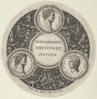 Design for a Dish with Portraits of the Roman Emperors Caesar, Claudius, and Otho, ca...., ca. 1588. Creator: Theodor de Bry.