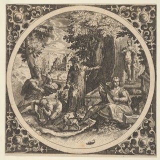 Scene with a Warning Against Venereal Disease in a Circle at Center, 1580-1600. Creator: Theodor de Bry.