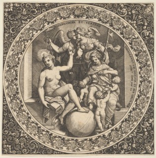 Scene with Misericordia and Veritas in a Circle at Center, 1580-1600. Creator: Theodor de Bry.