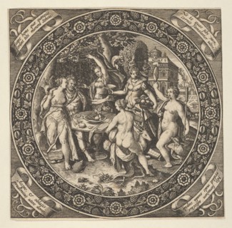 Scene with a Feast of Love in a Circle at Center, 1580-1600. Creator: Theodor de Bry.