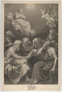 The doctors of the church consulting books and documents and contemplating the Virgin who is shown above in heaven, flanked by angels, after Reni, 1785.