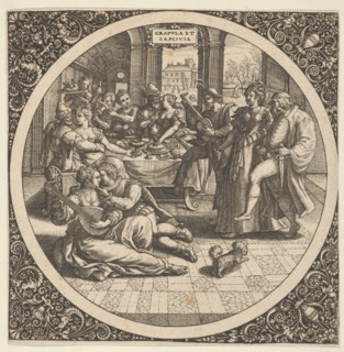 Scene with Galants at a Banquet in a Circle at Center, 1580-1600. Creator: Theodor de Bry.