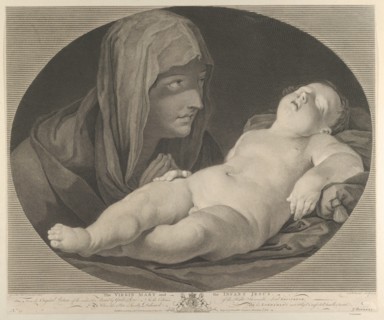 The Virgin in prayer, looking at the sleeping infant Christ, in an oval frame, after Reni, 1765.