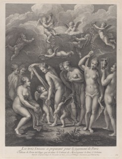 Hera, Aphrodite, and Athena preparing themselves for the contest of beauty before Paris; from 'Recueil d'estampes d'après les plus beaux tableaux et d'après les plus beaux desseins qui sont en France,...