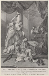 Jael hammering a tent peg into the temple of the sleeping Sisera, to the right a servant hides behind a curtain; from the series of 112 prints of the sacred history, after the painting by Giovanni Bat...