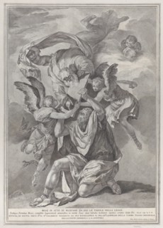 Moses receiving the Tablets of the Law from God who descends from the heavens; from the series of 112 prints of the sacred history, after the painting by Mattia Preti, ca. 1730-39.