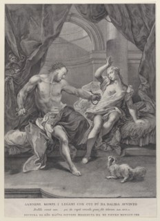 Samson and Delilah seated on a bed, Samson tearing apart the ropes binding his hands as soldiers look on from behind a curtain; from the series of 112 prints of the sacred history, after the painting ...