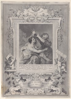 Joseph and Potiphar's wife, within an ornate frame, 1739.