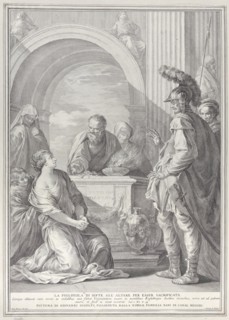 Jephthah's daughter kneeling by the sacrificial altar, with her father standing at right, 1730-50.