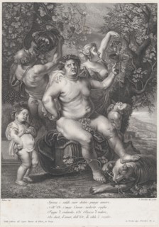 Bacchus seated on a barrel in front of grapevines, with bacchantes, satyrs, and children surrounding him, 1758.
