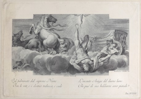 Plate 34: Auriga, the charioteer, falls from the chariot at center, with three horses at left, 1756.