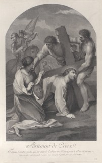 Christ fallen to the ground under the weight of the cross, with two men assisting and Saint Veronica kneeling with the veil at left, ca. 1729.