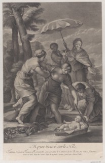 Three women pulling in the basket with the infant Moses from the water, ca. 1729.