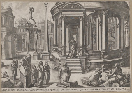 Zacharias Stepping out of the Temple, from the series Events in and around the Temple, ca. 1572.