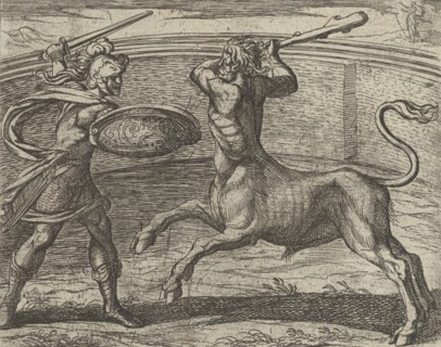 Theseus and the Minotaur (Minotaurum Theseus vincit), from The Metamorphoses of Ovid (Metamorphosean Sive Transformationum), plate 74, Published after 1606.