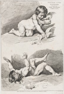 Two nude children playing with a leaf; from New Book of Children, 1720-60.