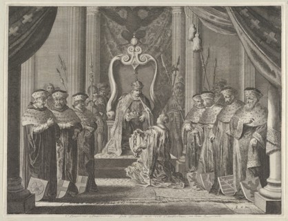 Plate 8: Emperor Maximilian II granting a crown to the coat of arms of Amsterdam, from Caspar Barlaeus, "Medicea Hospes", 1638.