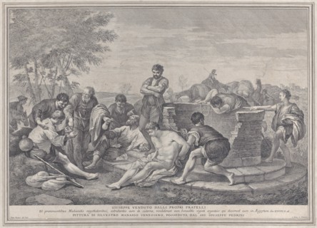 Joseph being sold into slavery by his brothers, who sit around a well dividing up the coins, 1730-39.