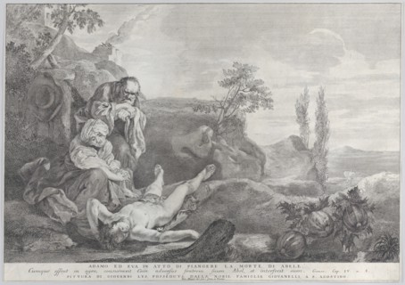 Adam and Eve at left, as an elderly couple, mourning over the corpse of Abel who lies in front of them as Cain disappears in the distance at right, 1743-63.