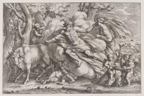 Io at the left as a cow, Jupiter on a cloud in the centre and Juno at the right with putti holding an eagle captive in the lower right, 1650-90.
