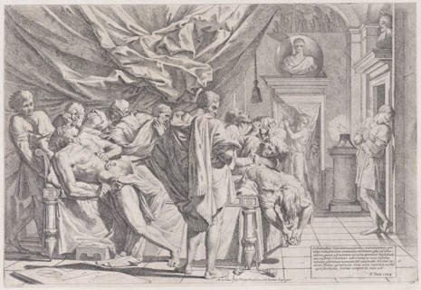 The suicide of the philosopher Cato, who lies on his bed pulling out his innards watched by horrified disciples, 1648.