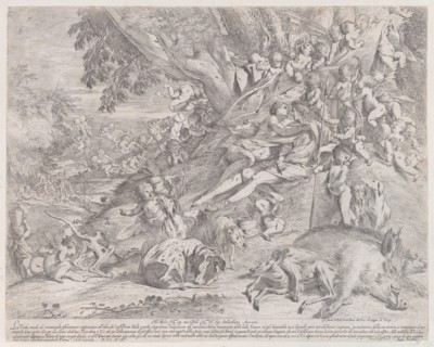 Venus and Adonis, surrounded by many putti, reclining after the hunt, with a dead boar in the lower right, 1631-37.