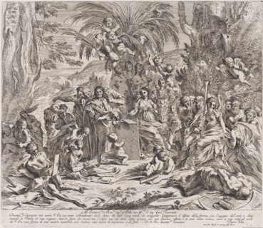 An allegory of painting, who as a child in the centre left draws on a tablet, surrounded by figures, many of whom are drawing, 1637-38.