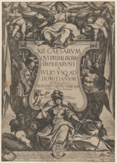 Frontispiece with a trumpeter sounding trumpets seated on top of a cartouche flanked by trophies, from 'The Twelve Caesars', 1606.