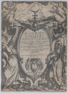Frontispiece with two figures holding scrolls and cherubs flanking the cartouche at center, from 'The Consecrated Apostolic College' (Il sacrato collegio apostolico), 1606-07.