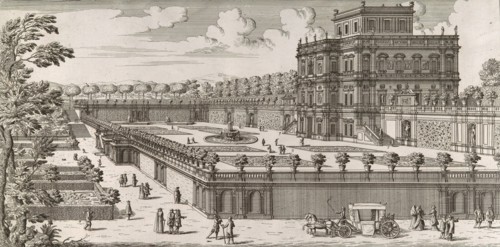 View of the side facade of the Palazzo Pamphili and its garden (Secondo prospetto per fianco del palazzo con diversa veduta del giardino del Bel respiro...Pamphilio), after 1677.