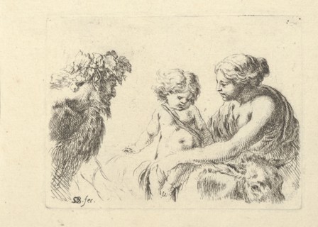 Plate 6: a woman at right holding her child who is sitting atop a donkey, a satyr at left looking towards the right, from 'Various figures and doodles' (Diverses figures et griffonnemens, ca. 1646.