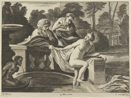 Susanna, partly naked and stepping out of a fountain with two elders at left, one of them pulling at her garment, after Reni, ca. 1656-60.