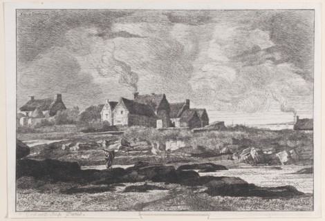 Country landscape with a river running at right and houses in the background, 1845-75.