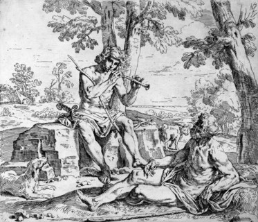 Scrapbook Containing Italian Etchings of the 17th and 18th Centuries, 17th-18th century. [Young man playing a flute].