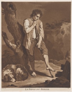 The Shepherds Rest; a young man resting on a stick while his dog lies at his feet, ca. 1757-1804.